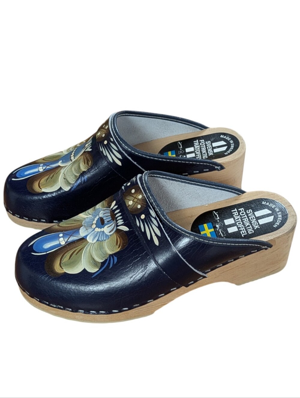 Swedish Wooden Clogs Navy Floral Hand-Painted Leather Size 37 - Picture 2 of 12
